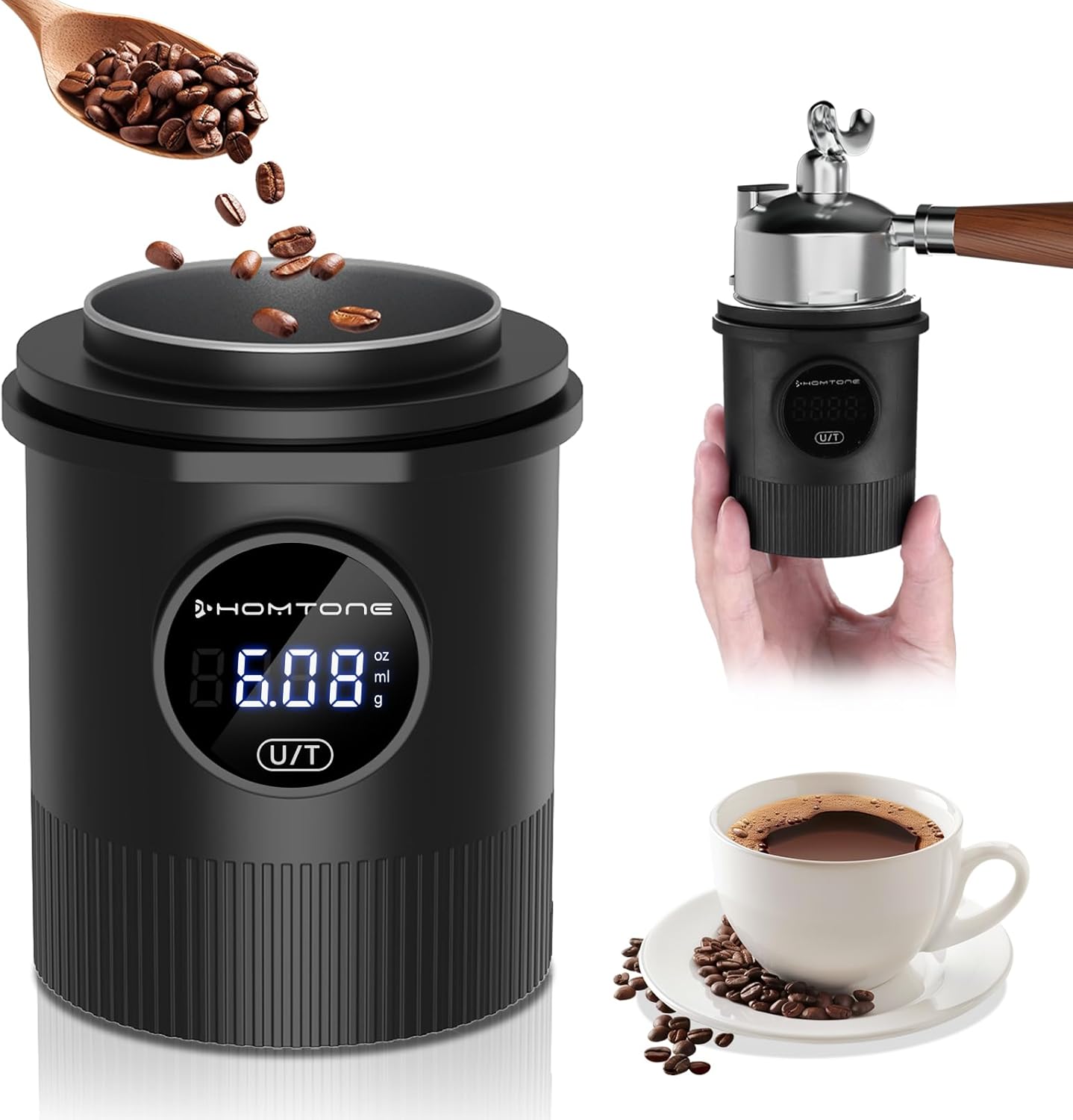 HOMTONE Dosing Cup & Coffee Scale Combo - Compact,0.05g Precision,Multi-Purpose for Espresso, Drip Coffee & More - Fits 58mm Portafilters, Stainless Inner Wall, USB-C Rechargeable 500mAh, (Black)