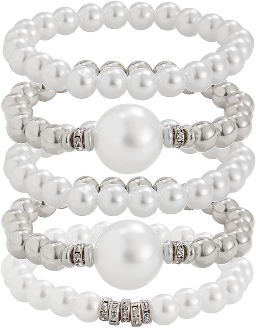5Pcs Pearl Stackable Bracelets for Women Multilayer Metal Beaded Bracelets Set CZ Elastic Strand Bangles Trendy Wedding Bridesmaid Jewelry - Image 7