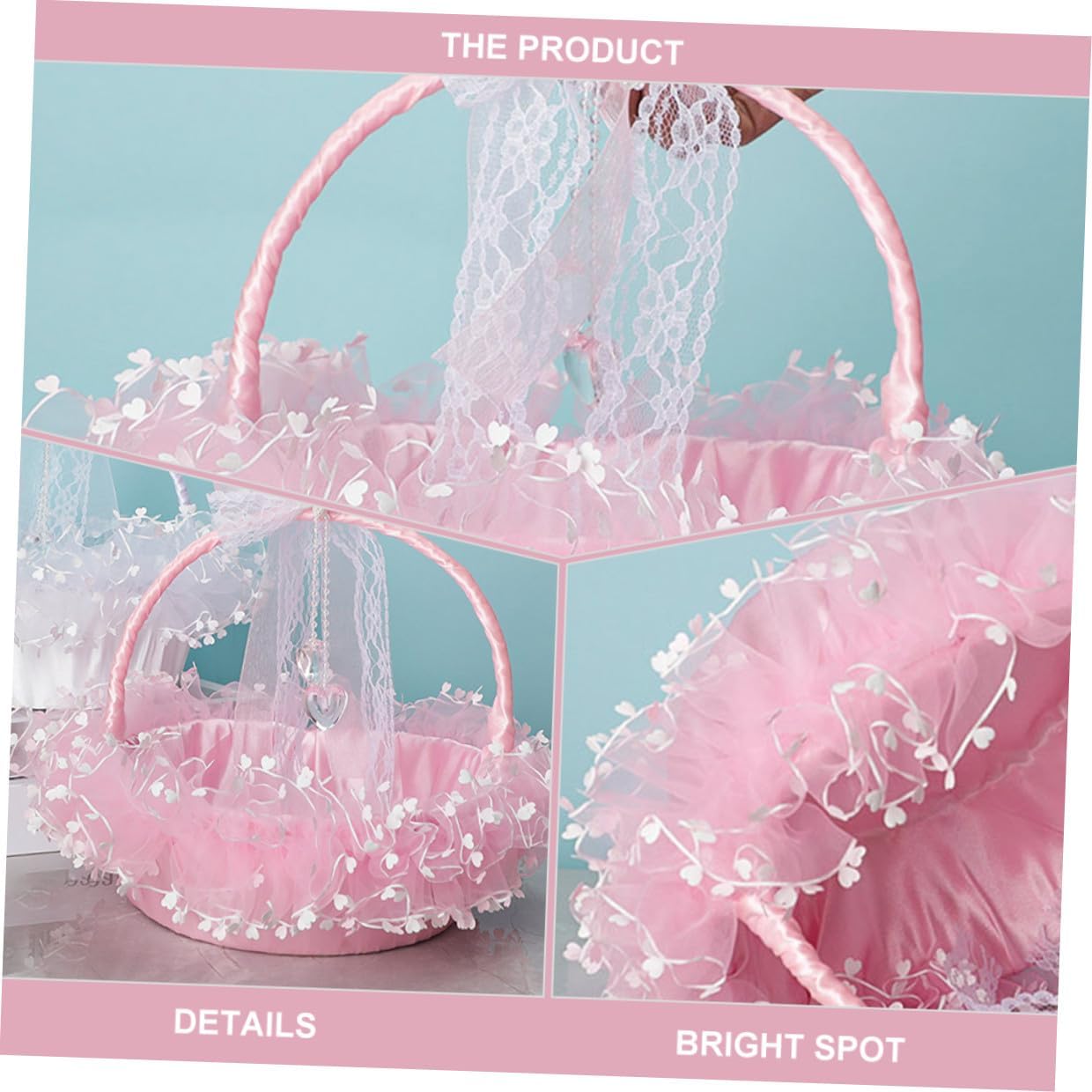 Mikikit Foldable Portable Lace Wedding Flower Girl Basket Handheld Pink Decorative Flower Holder for Wedding Ceremony and Party Supplies