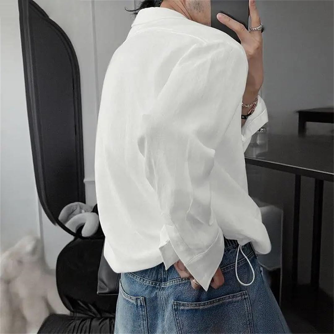 Men Spring Solid Color V-Neck Long Sleeve Shirt with Drawstring Detail Casual Top