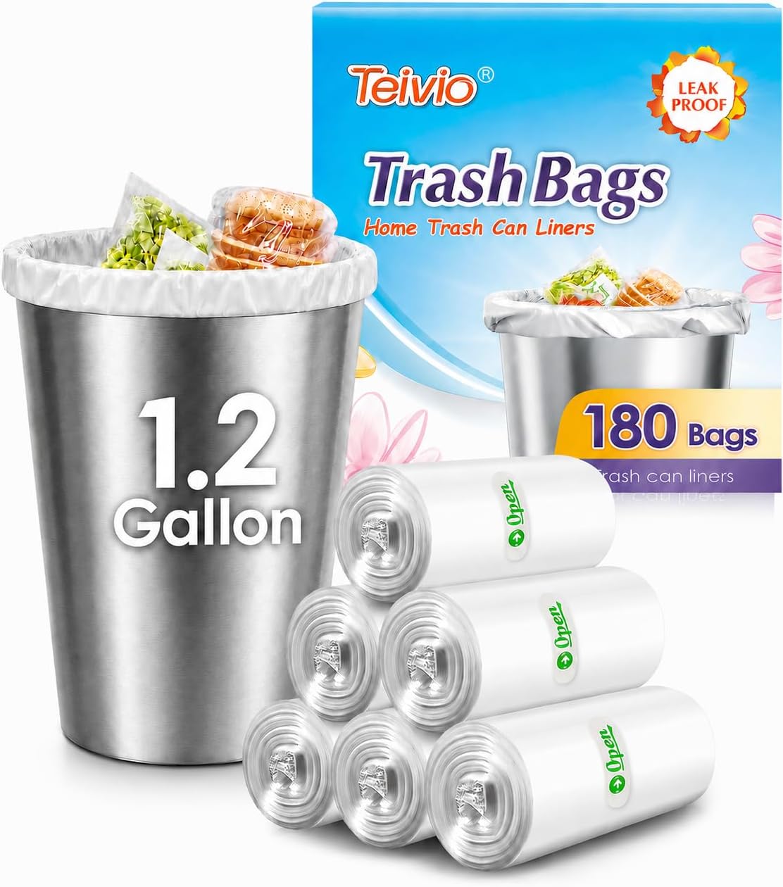 Teivio Small Clear Trash Bags 1.2 Gallon 180 Count Bathroom Garbage Bags