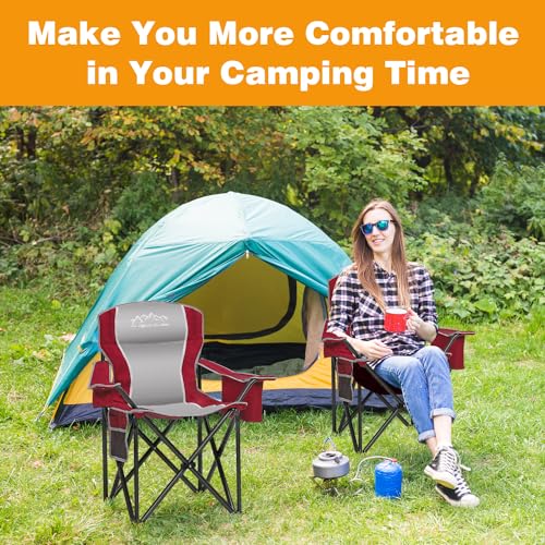 SAILARY Folding Camping Chair Portable Outdoor Heavy Duty Padded Chairs Lawn Chair with Cup Holder, Storage Pocket and Cooler Bag, Supports 450LBS Red - Thumbnail 7