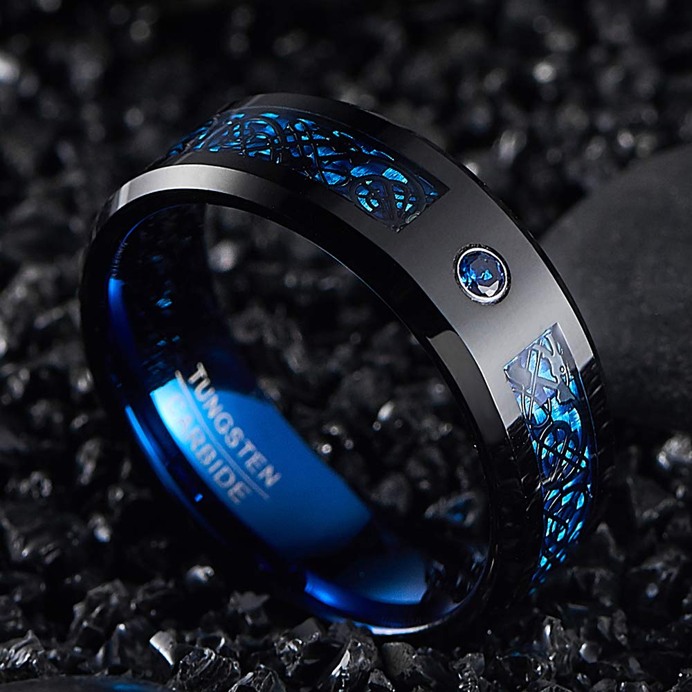 NUNCAD Anello uomo/donna celtico nero-blu con fibra di carbonio, zircone, unisex anello tungsteno largo 8 mm per matrimonio, fidanzamento, associazione, misura da 26.5