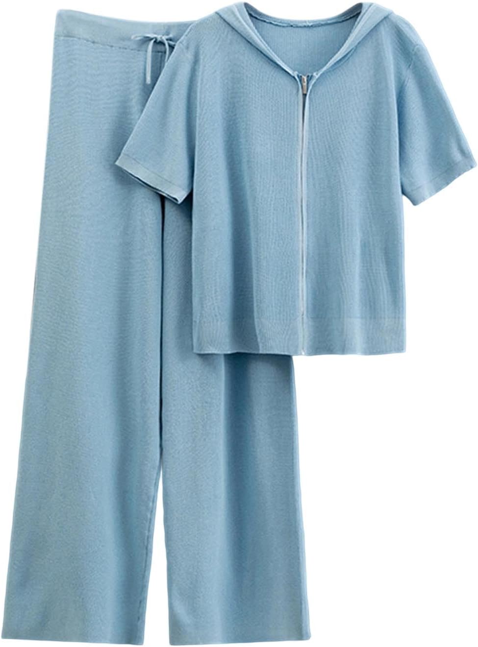 Womens Two Piece Outfits Sweater Sets Knit Hoodies Zip Open Front Cardigan and Wide Leg Pants Matching Loungewear Set