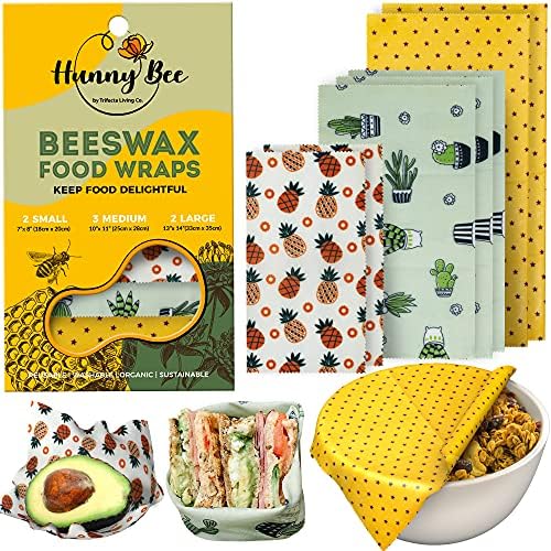 HUNNYBEEE Beeswax Wrap - (7 Packs) Sustainable Products | Beeswax Paper Food Wrap | Reusable Kitchen Products | Reusable Beeswax Food Wrap | Beeswax Wraps for Food | 3 Sizes (S,M,L)