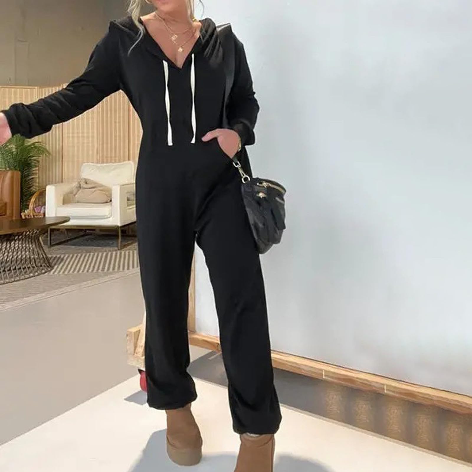 LUCKME Tuta Intera Donna Felpa Manica Lunga Tinta Unita Casual Autunno