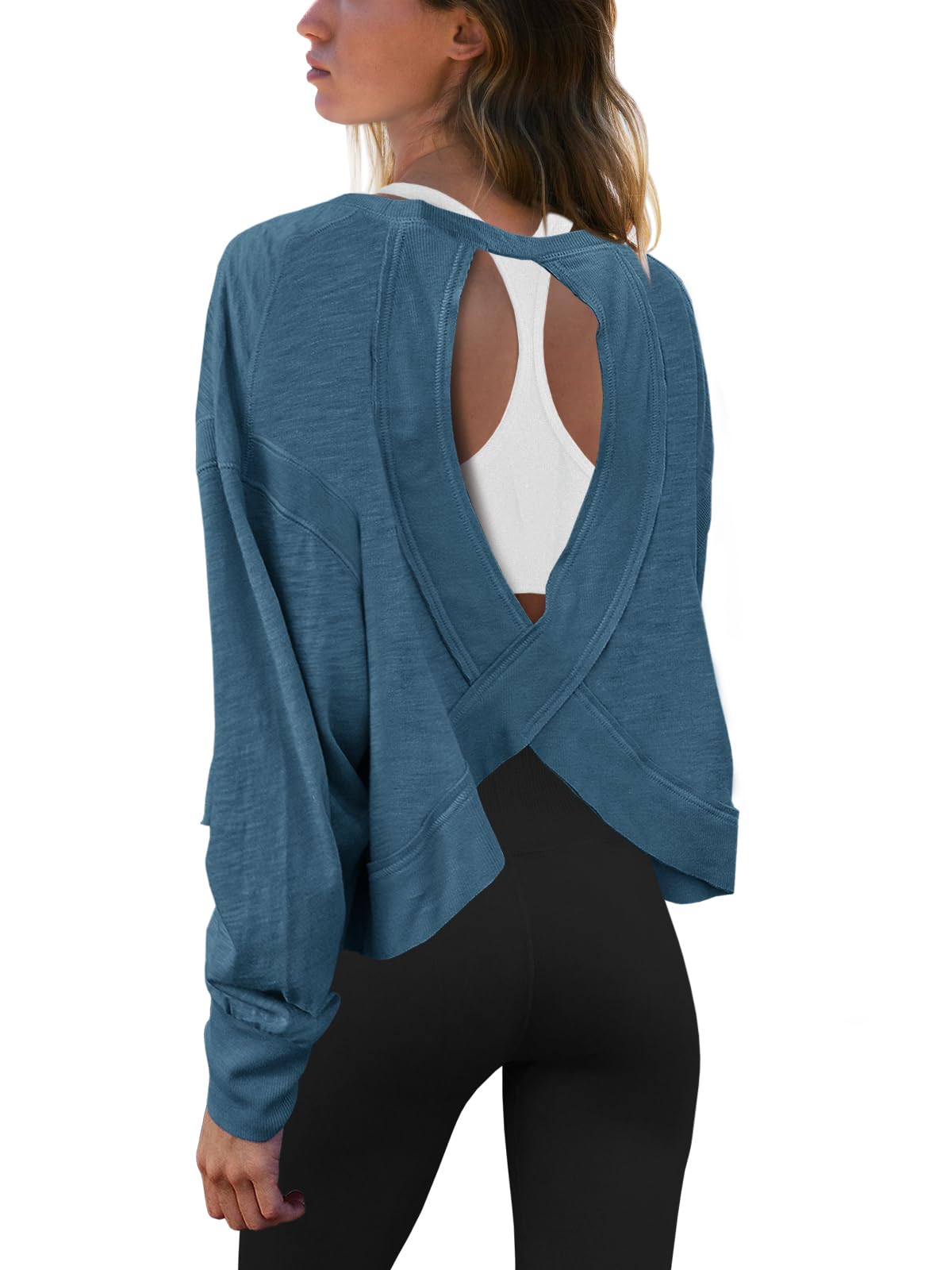 Panadila Womens Open Back Workout Top Long Sleeve Athletic Shirts Casual Crop Running Tee Y2k Yoga