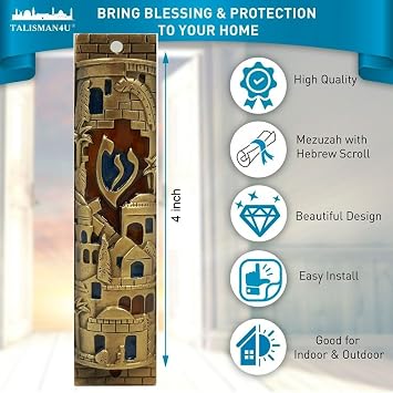 TALISMAN4U Gold Enamel Jewish MEZUZAH CASE with Scroll for Door Jerusalem | 4 Mezuzah, Judaica Gift from Israel, Gift Box Included