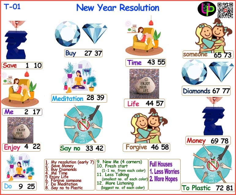 Image of Happy New Year Tambola Tickets | Resolution Images Theme Housie Tambola Themed Bingo Game| Kitty Party Theme Housie Tickets | English | for Family & Friends (Set of 15 Tickets)