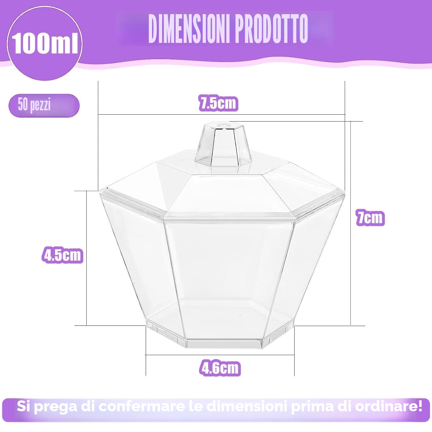 LATERN 50 Pezzi Tazze da Dessert in Plastica con Coperchi, 100ml Coppette da Dessert Esagonali Tazza di Antipasto Semifreddo Trasparente Ciotola da Portata Riutilizzabile con Coperchi (7,5 x 4,5cm)