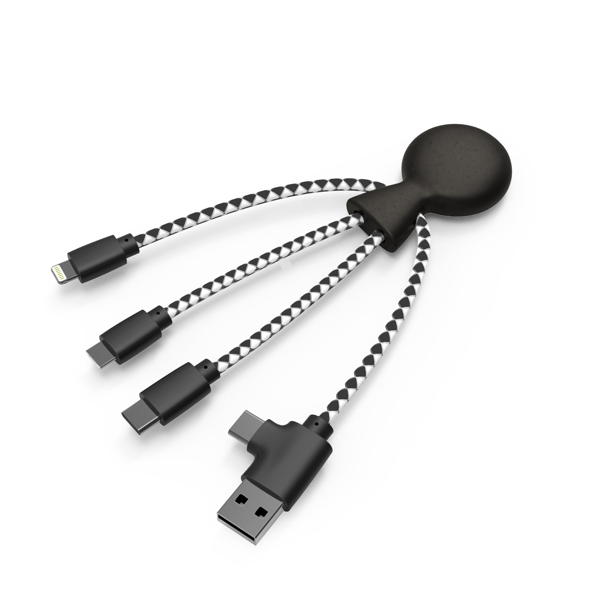 Xoopar - Mr Bio 4w1 kabel Multi USB w kształcie czarnej ośmiornicy - uniwersalna ładowarka z tworzywa sztucznego z recyklingu - gniazdo USB, USB-C, Lightning, Micro USB do uniwersalnego smartfona