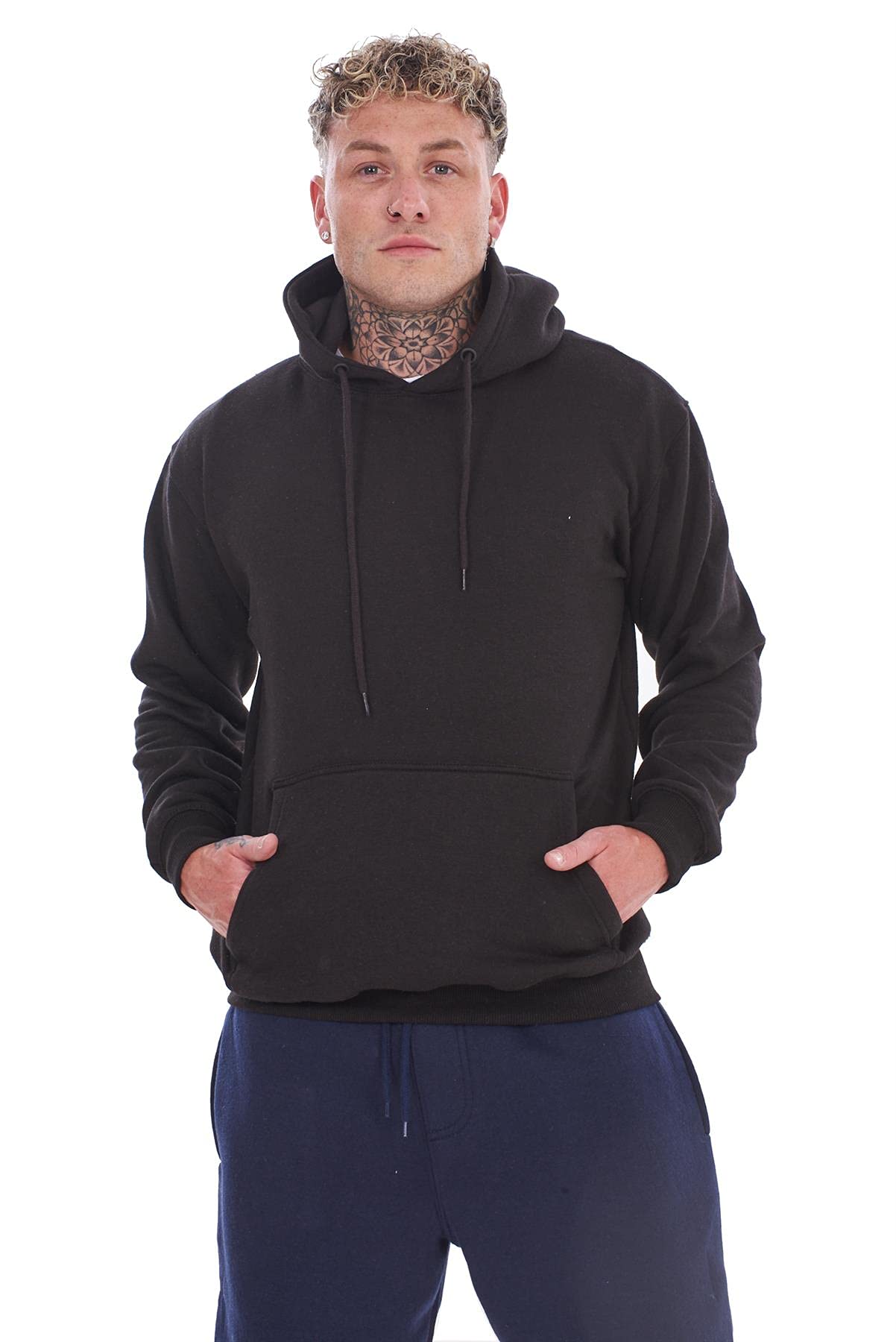 Malay Mens Plain Fleece Hooded Tops Pullover Sweats Jumpers Cotton Blend Activewear Black