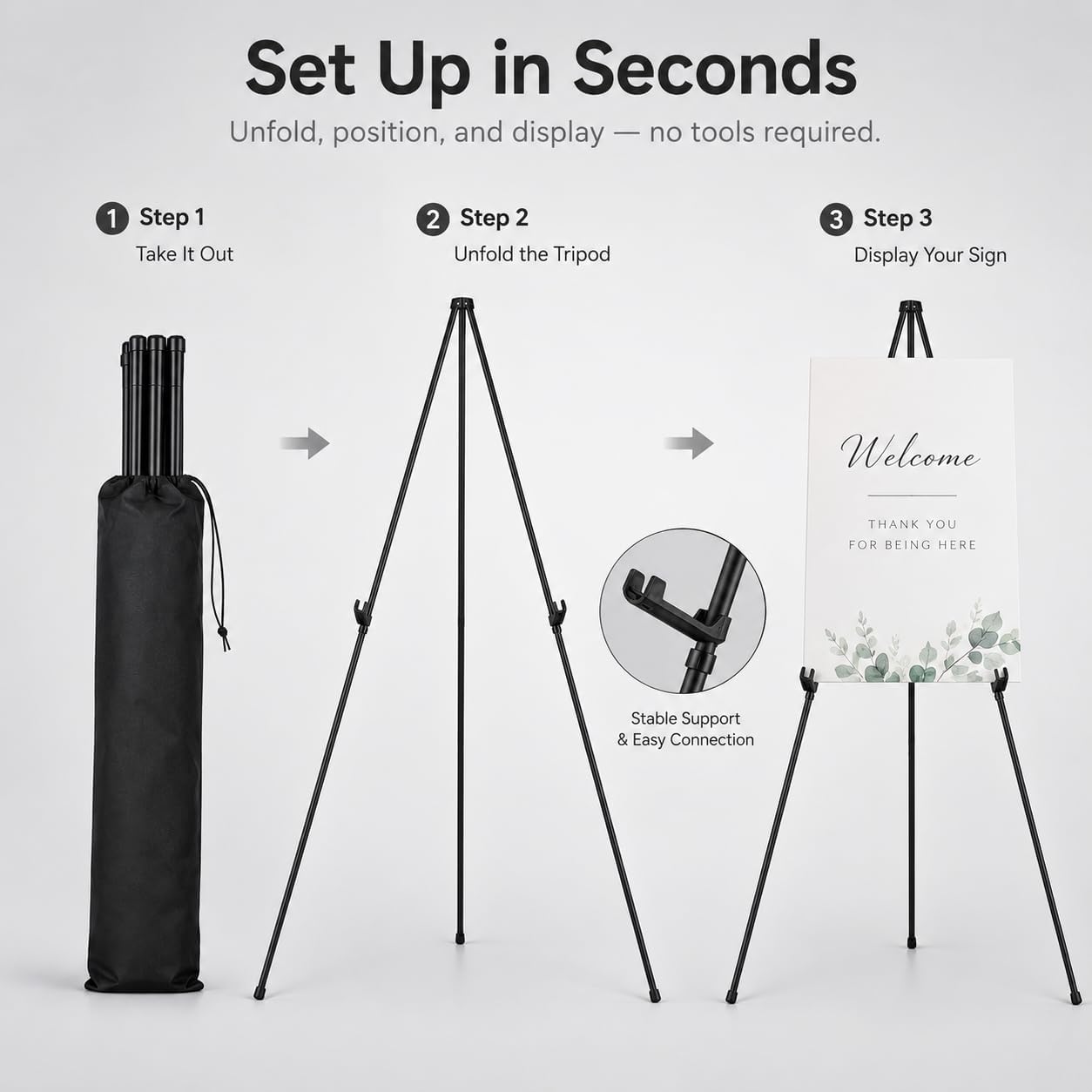 RRFTOK 63 Inch Easel Stand for Sign, Poster Stand and Wedding Sign | Instant-fold metal tripod with carry bag for welcome sign, poster display, foam board and floor use