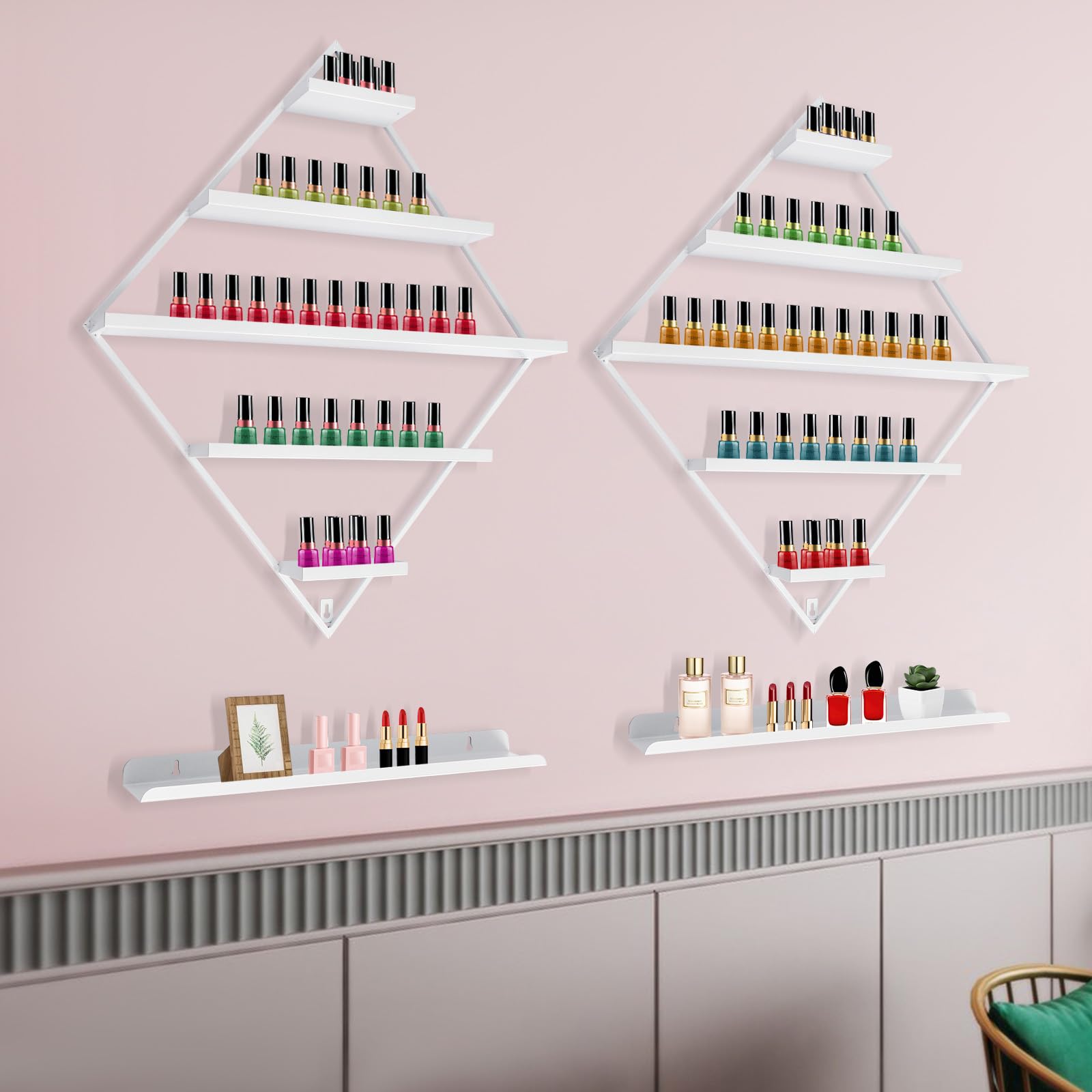 Scaffale per smalti in metallo a forma di diamante, organizzatore per smalto per unghie, oli essenziali, rossetto (bianco)