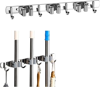 Fiacvrs Broom Mop Holder,Broom Holder Wall Mounted with Hooks,Heavy Duty Clip Broom Mop Holder Tidy Organizer,Mop and Broom Holder Hanger,for Kitchen,Bathroom,Balcony,Garden,Garage(Grey,3 Clips)