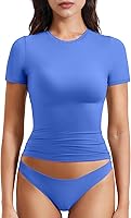 YEOREO Women's Compression Crop Top: Short Sleeve Double Lined Y2K Workout Tops, Fitted Crew Neck Gym & Going Out