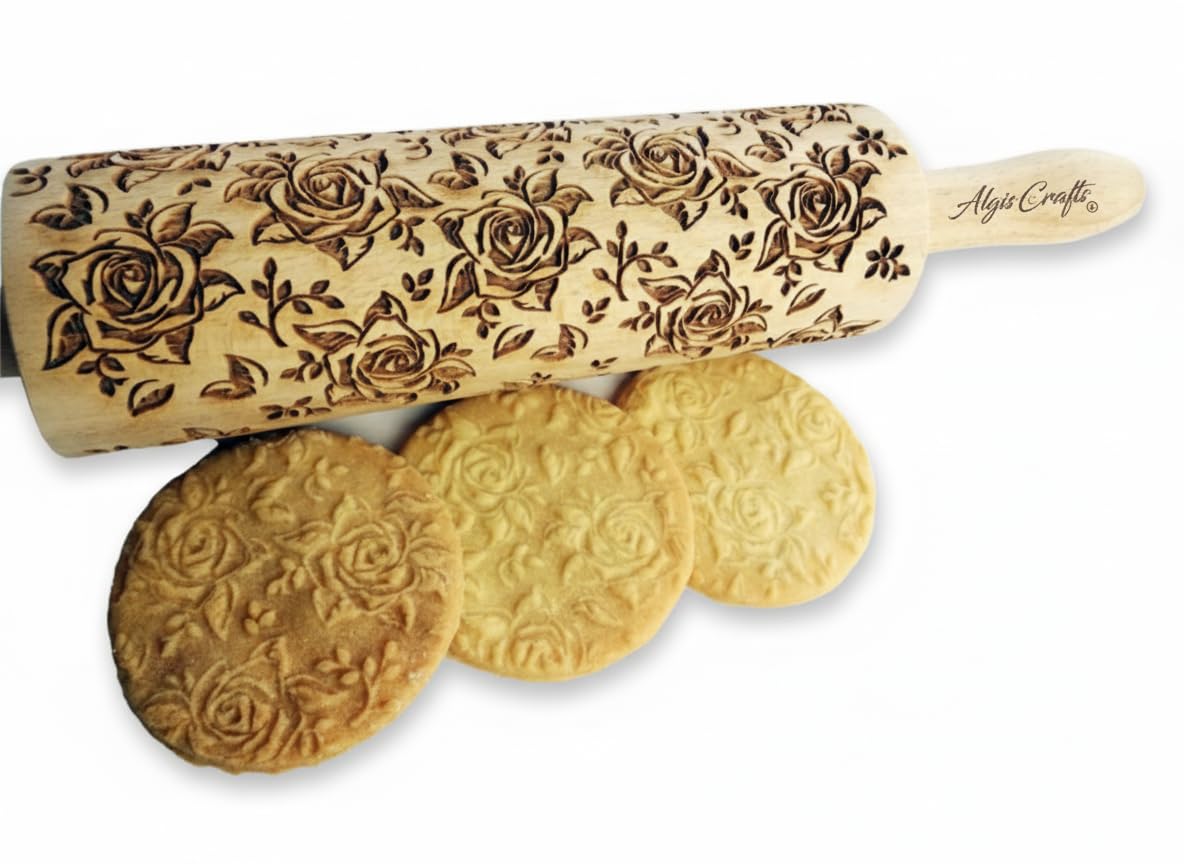 Algis Crafts - Embossed Rolling Pin for Baking Accessories with Laser Engraved Design Blossoms Waltz - Beautifully Handmade Pattern Rolling Pin - Decorative Rolling Pins to Make Unique Bakes
