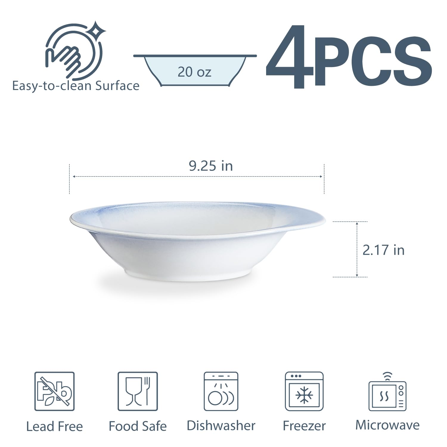 ONEMORE Soup Bowls, Pasta Bowls Set of 4, Blue Shallow Cereal Bowls 20 oz Ceramic Bowls Microwave & Dishwasher Safe - Image 3