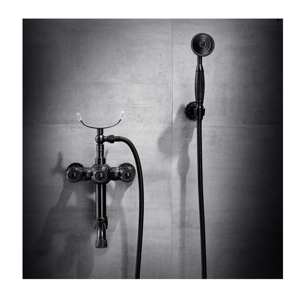 GLJTUO Carved Phone Antique Bathtub Faucet Black Wall Mounted Brass Bathroom Bath Shower Mixer Taps with Handheld Shower,Black B,Black a