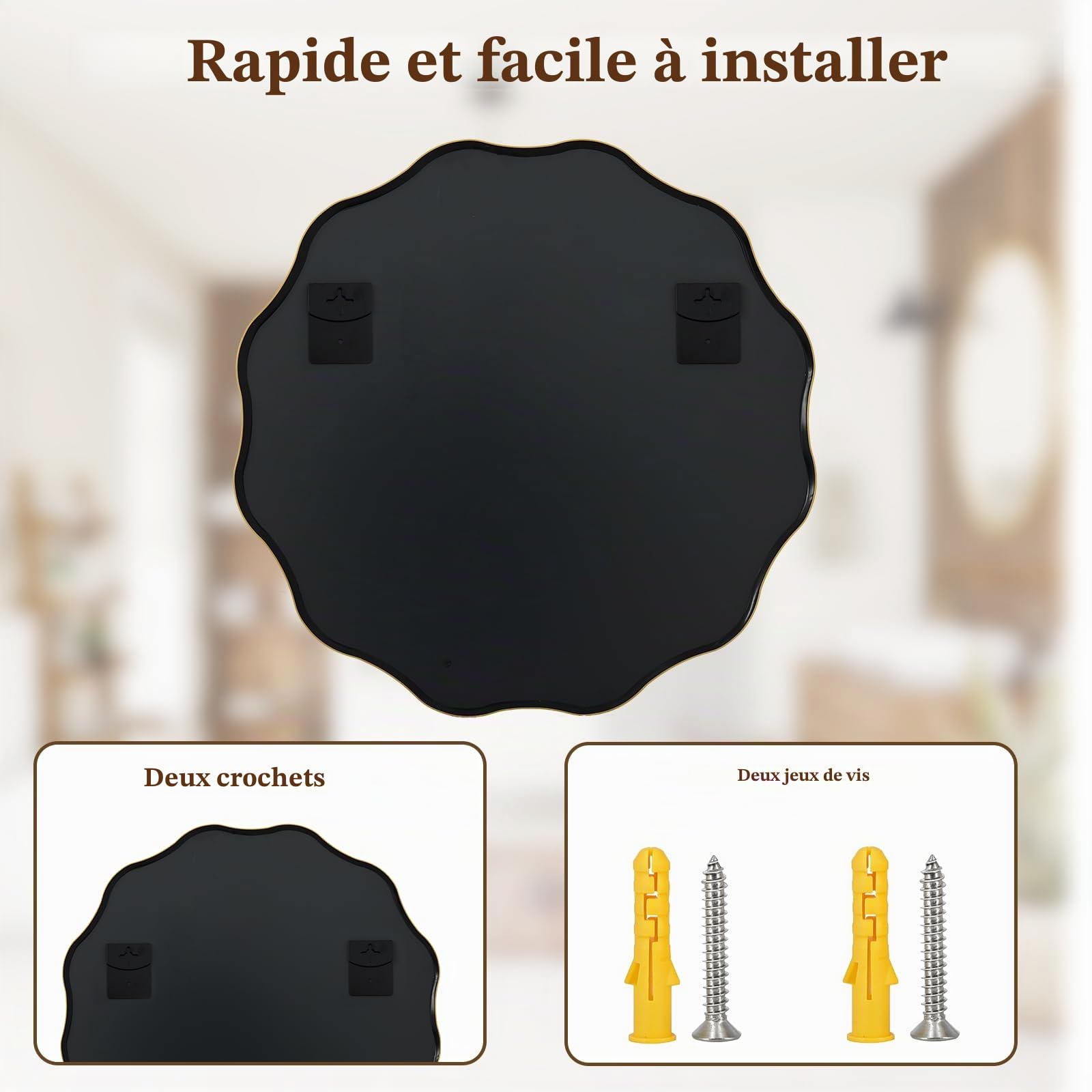 Koonmi Grand miroir rond à bord ondulé de 75 cm avec cadre en métal texturé à suspendre ou à poser au mur pour salle de bain, entrée, salon, doré