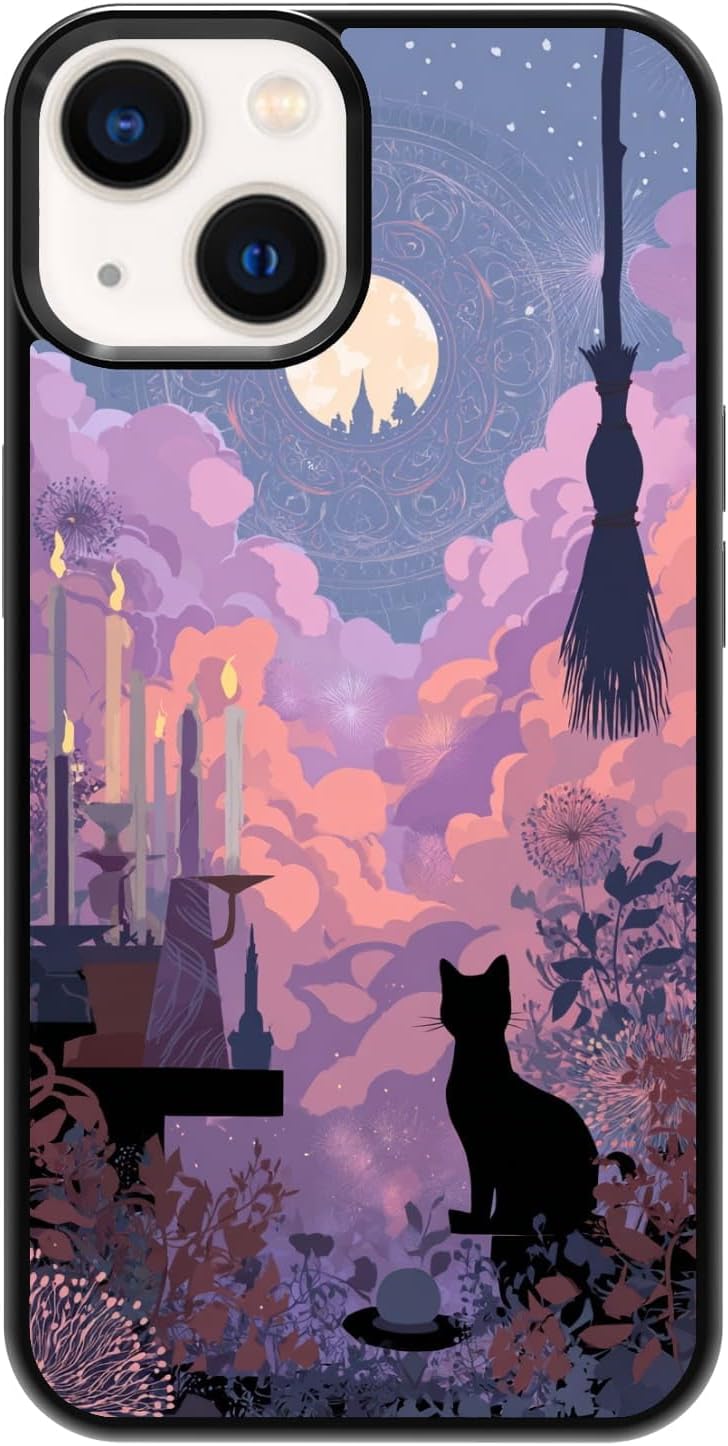 Magic Black Cat Witch Broom Moon Pink Clouds Fantasy Phone Case, Shockproof Protective Cover for iPhone 11 12 13 14 15 16 17 Pro Max Plus Mini XR 7 8 SE