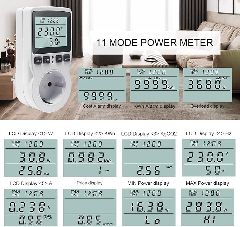 KETOTEK Energiafogyasztás Mérő Konnektor, Áramfogyasztás Mérő 11 Üzemmóddal, 3680W Teljesítménymérő LCD Kijelzővel