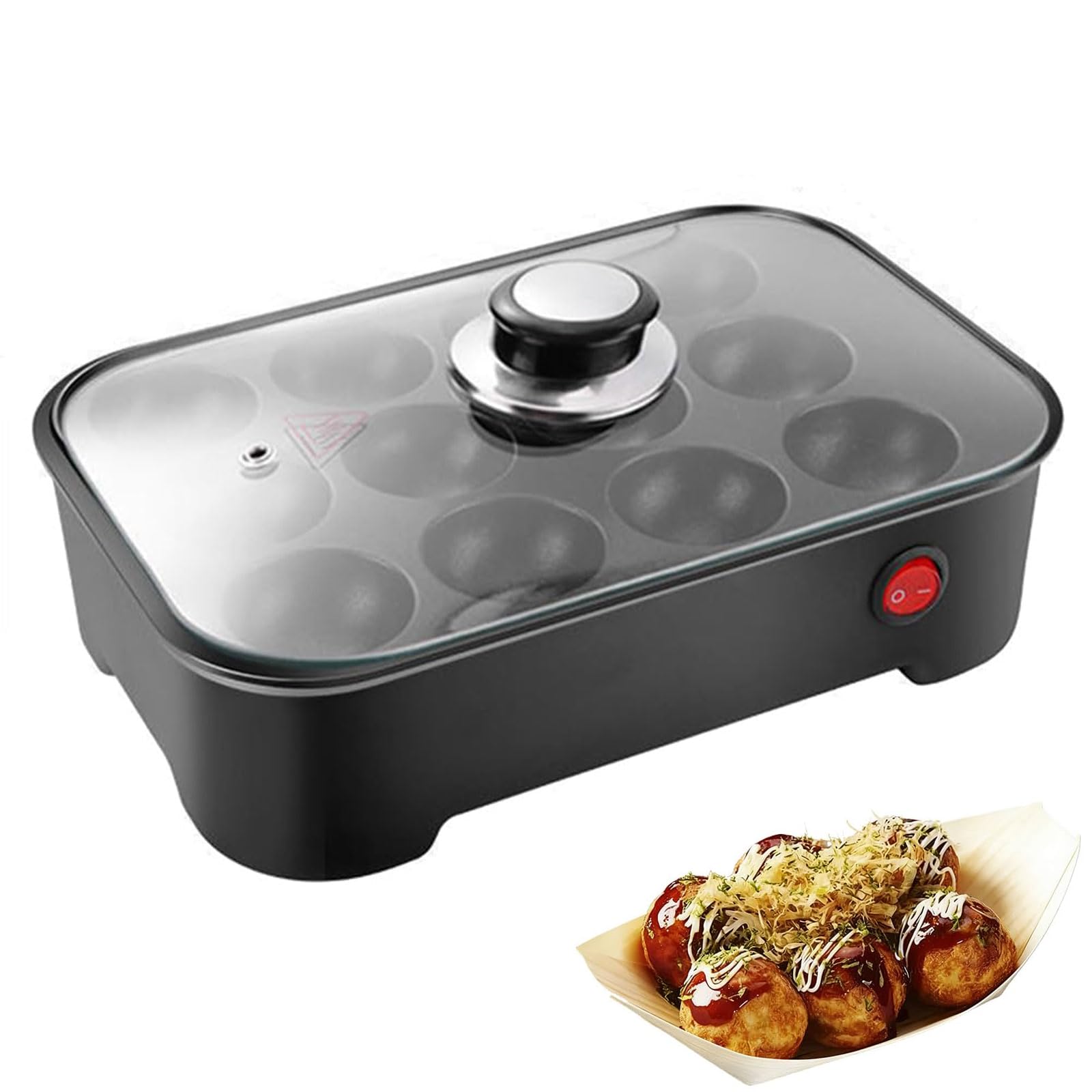 Eiwitany Black Mini Electric Takoyaki Maker with Lid, 12-Cavity Non-Stick Grill for Octopus Balls, Puffs & Pancakes, Household Kitchen (Black)
