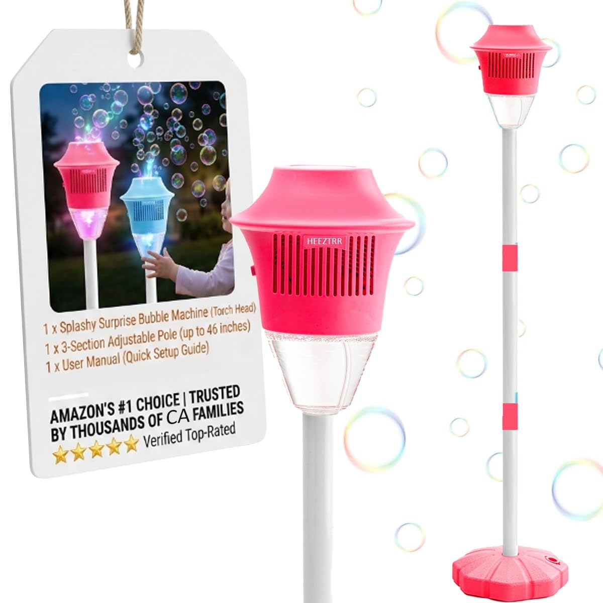 Splashy Surprise Bubble Machin, Automatic Glow Burst Bubbles Fountain, Rechargeable Garden Standing Torch Maker Stand with Lights Music Summer Outdoor Backyard Parties Birthday Wedding(Pink)
