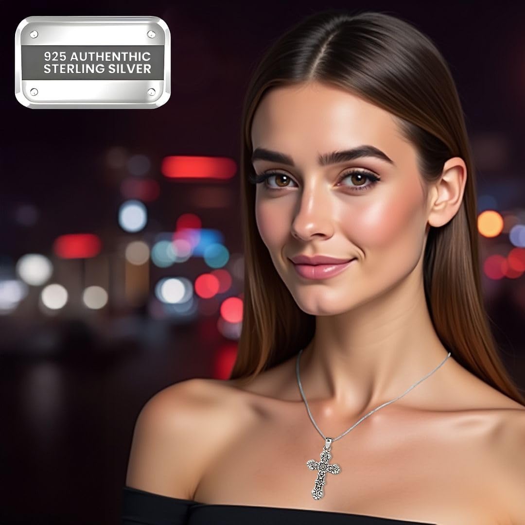 SHOP LC DELIVERING JOY 925 Sterling Silver Cross Pendant Oxidized Swirling - Silver Cross Necklaces for Women Religious Jewelry - Catholic Faith Cross Christian Jewelry - Anniversarys Gifts for Women