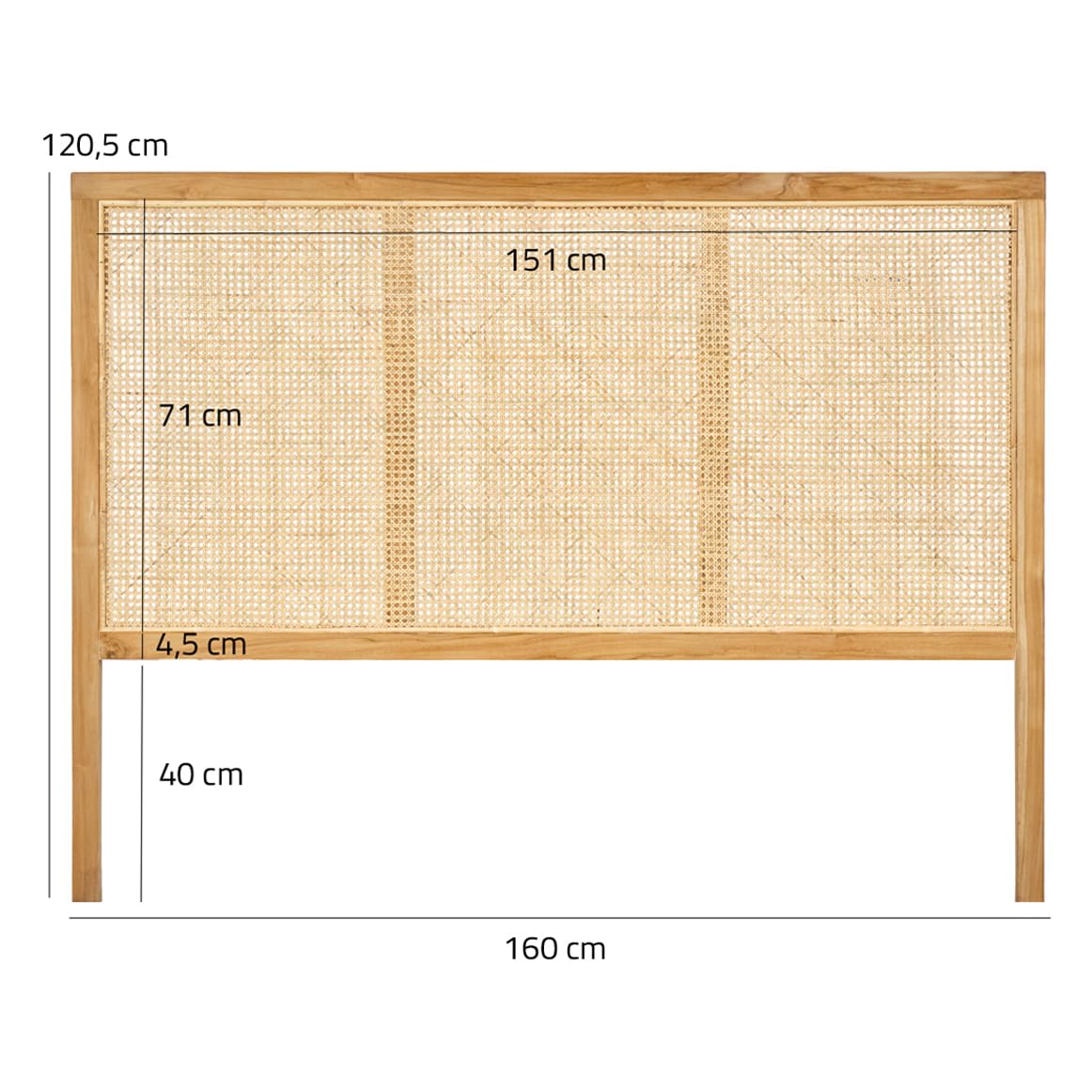 Meubletmoi Cabecero de Madera Maciza con Cannage de Ratán L. 160 cm – Estilo natural y exótico – Bruno