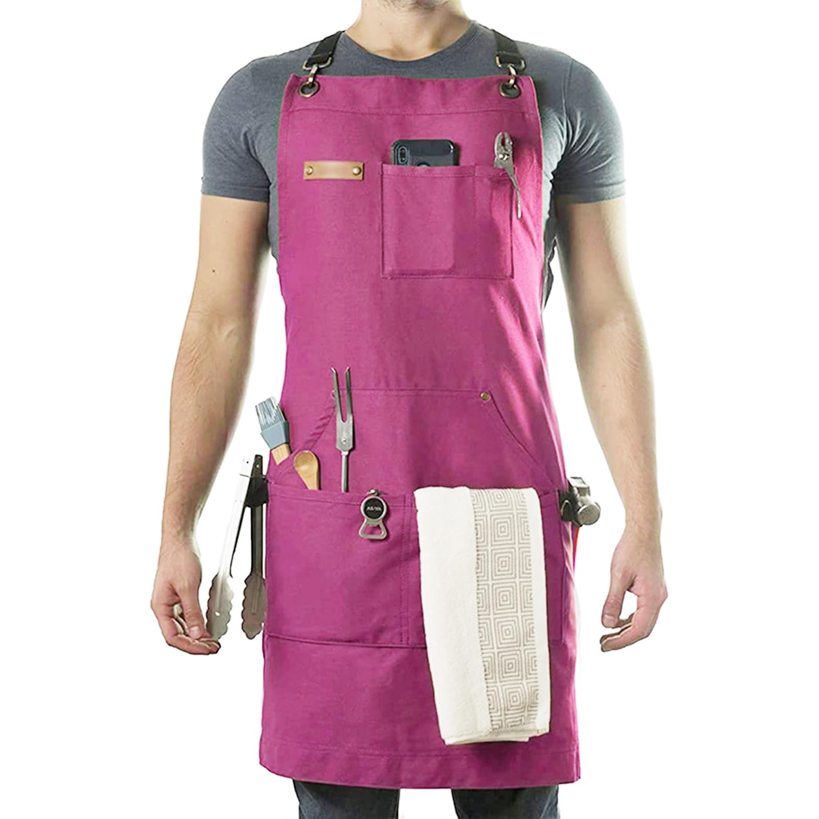 Bottone Men's Red Stenffy Canvas Work Apron Functional And Stylish With Multiple Pockets, Adjustable Cross Back Straps For Bbq, Cooking Cotton Canvas Apron