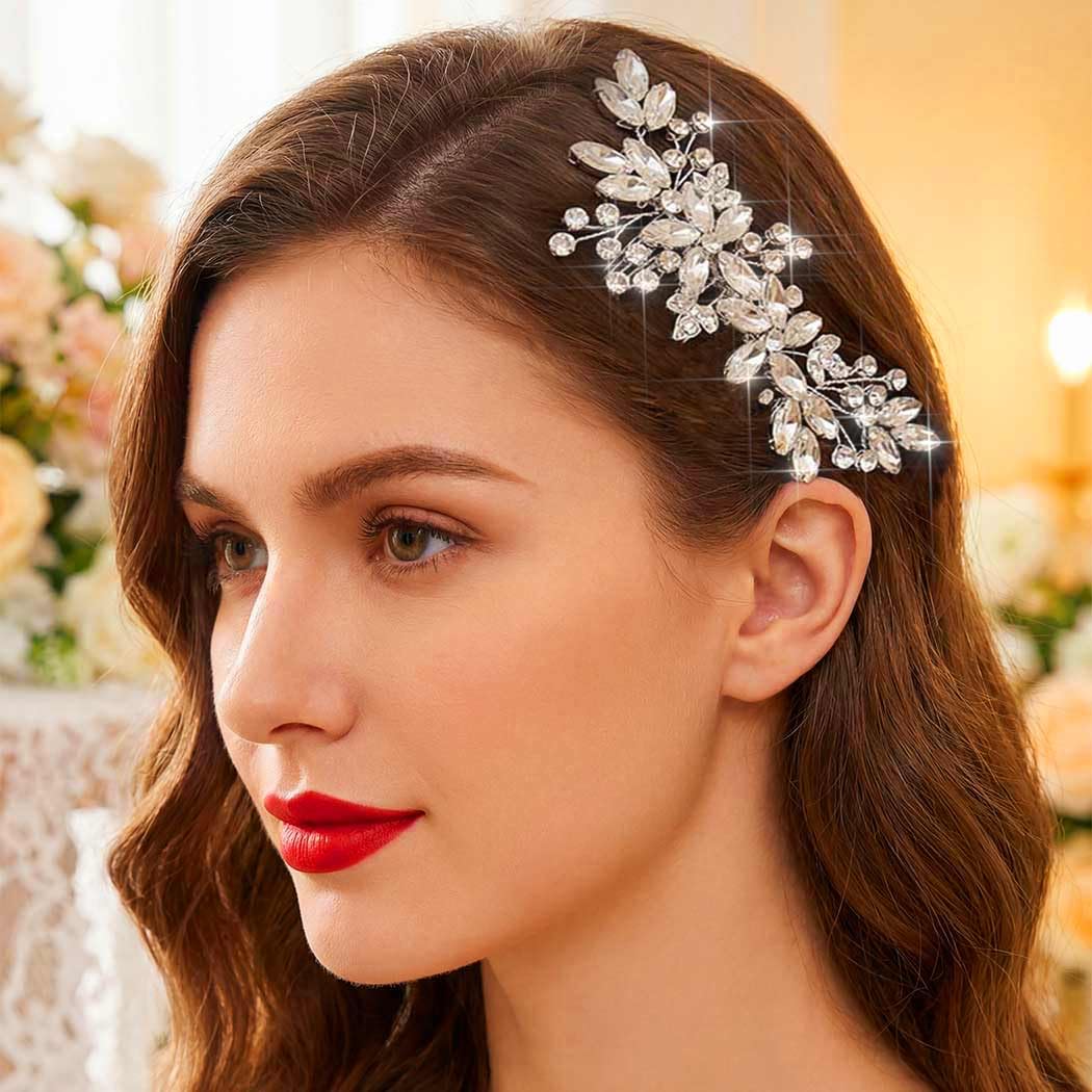 CASDRE Rhinestone Wedding Hair Comb Silver Crystal Hair Piece Leaf Hair Accessories for Women (Silver)