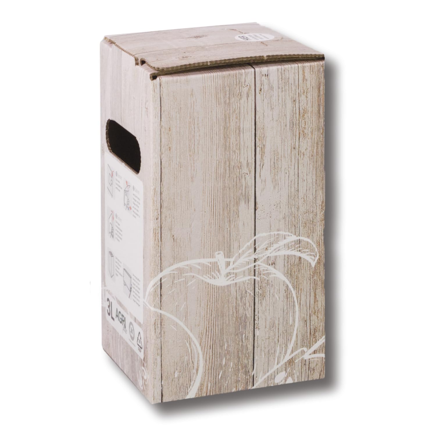 AGRI plus Scatola di cartone per sacchetti, 3 litri, 50 pezzi, senza sacchetto, scatola di cartone di alta qualità con scatola di legno, motivo mela, fino a 40 riutilizzabili, per succo di mela, succo