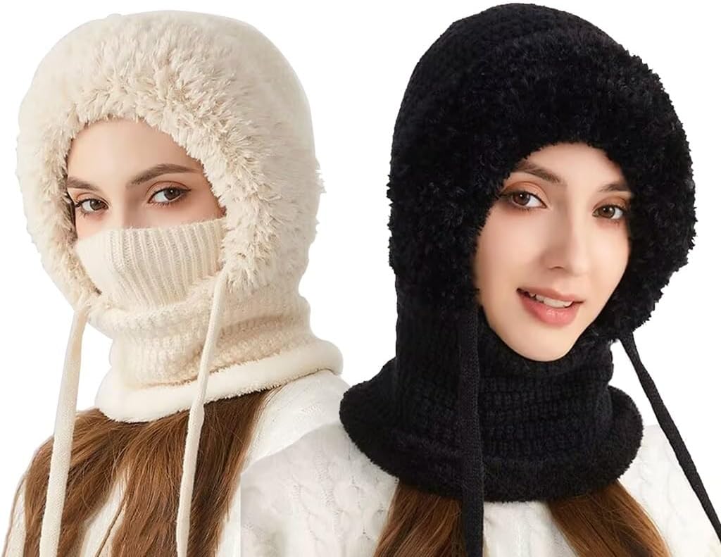 3 in 1 Beanie Hat Women's Outdoor Knit Balaclava Mask Head Hats Wind-Resistant Scarf Hat Face Mask Hooded Scarf(2 Pieces)