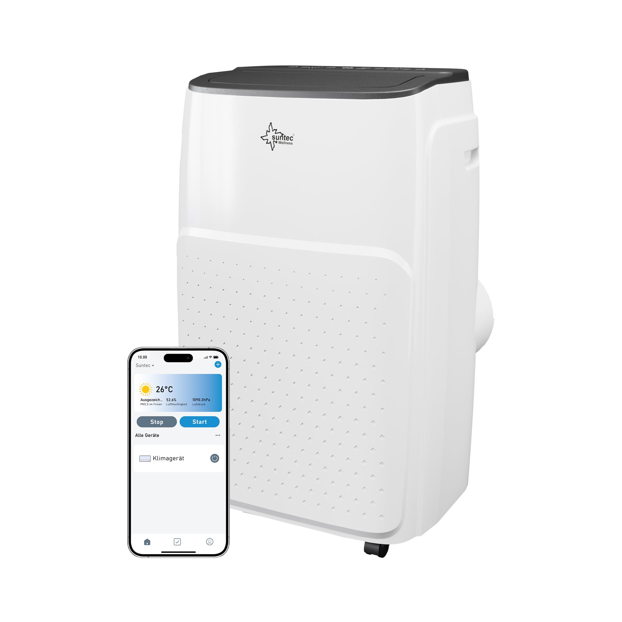 SUNTEC Climatiseur mobile Coolfixx 14000 BTU APP - Climatiseur mobile et silencieux avec commande Smart App - Déshumidificateur pour pièces jusqu'à 70 m² - Refroidissement & chauffage mobiles