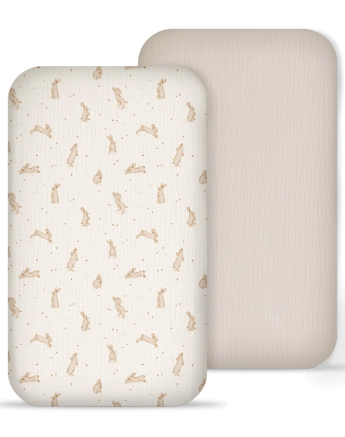 Muslin Bedside Bassinet Sheets 2 Pack, 33" X 20", (Hopping Bunnies &amp; Beige)