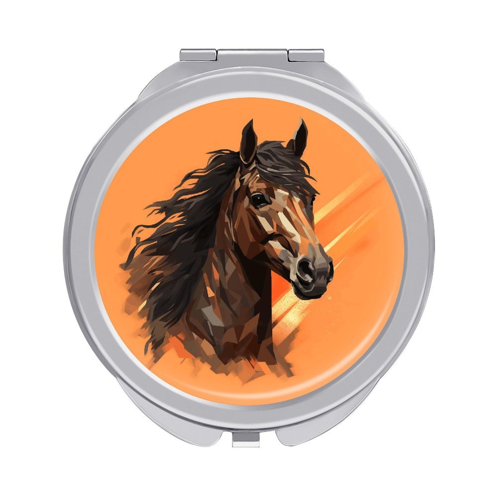 Fekiloot Style Orange Background With Horse Head Travel Makeup Mirror Handheld Compact Mirror Portable Pocket Mirror Double-Sided 1X/2X Magnifying For Handbag And Purses