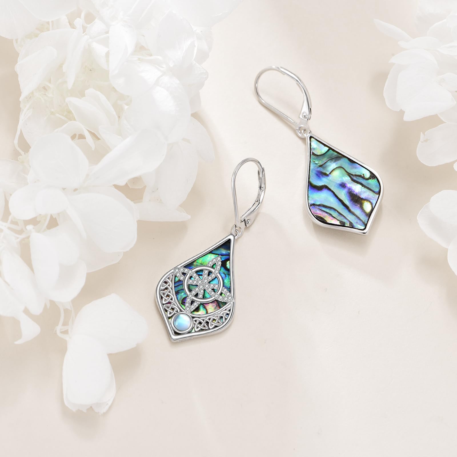 Pendientes de estrella de David/bruja/celta/concha/cruz/libélula/vikingo pendientes de plata de ley 925 piedra lunar abulón pendientes colgantes judíos irlandeses regalos para damas