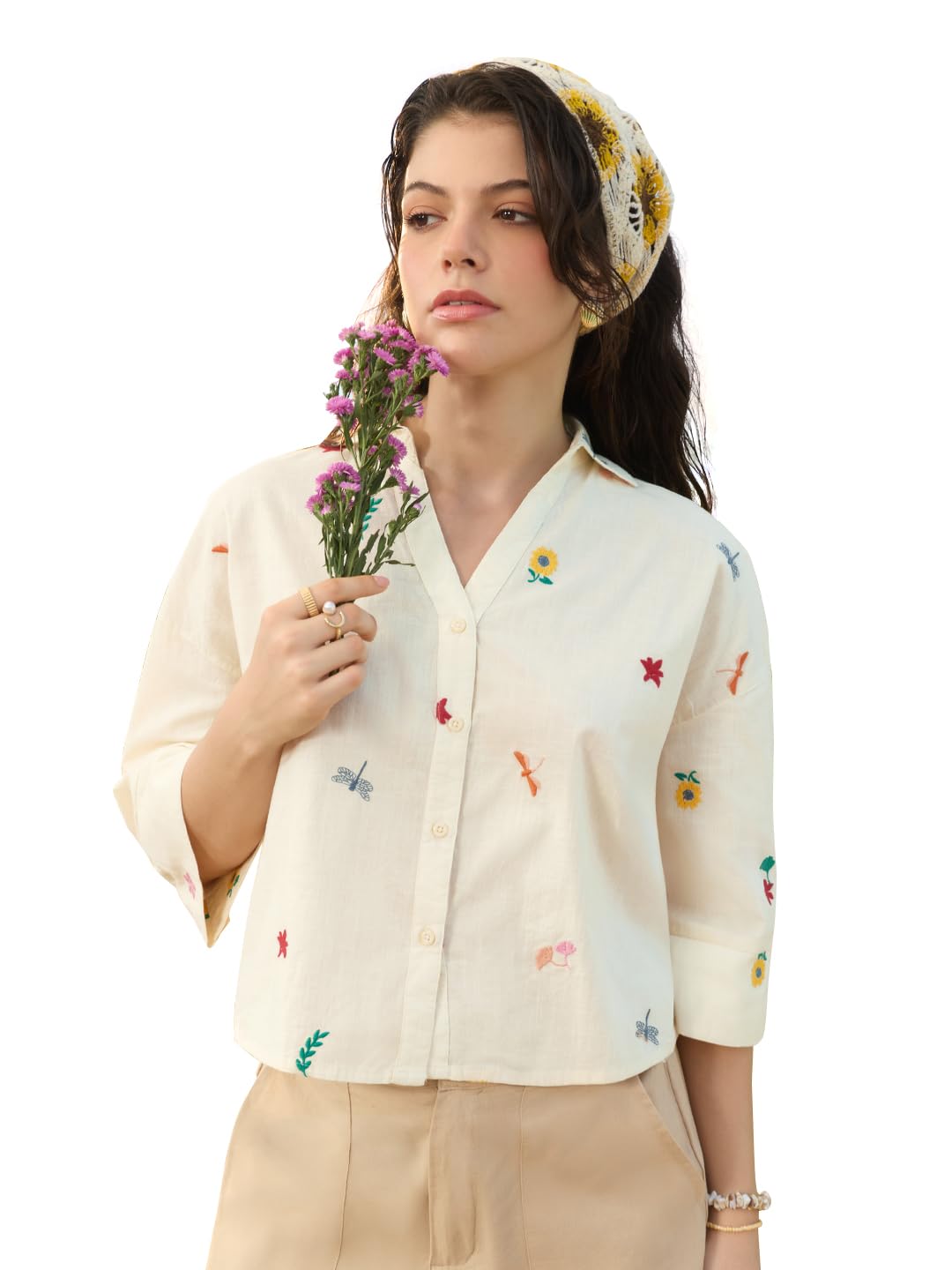 The Souled Store Dragonfly - Camicia da donna e ragazza, maniche a tre quarti, con colletto in cotone ricamato, vestibilità oversize, traspirante, leggera, per abbigliamento casual