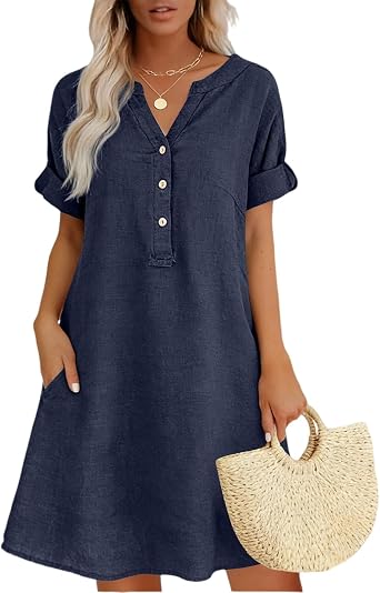 Women Cotton Linen Summer Dress Plus Size Boho Flowy Lounge Sun Dress with Pockets Soft Breathable
