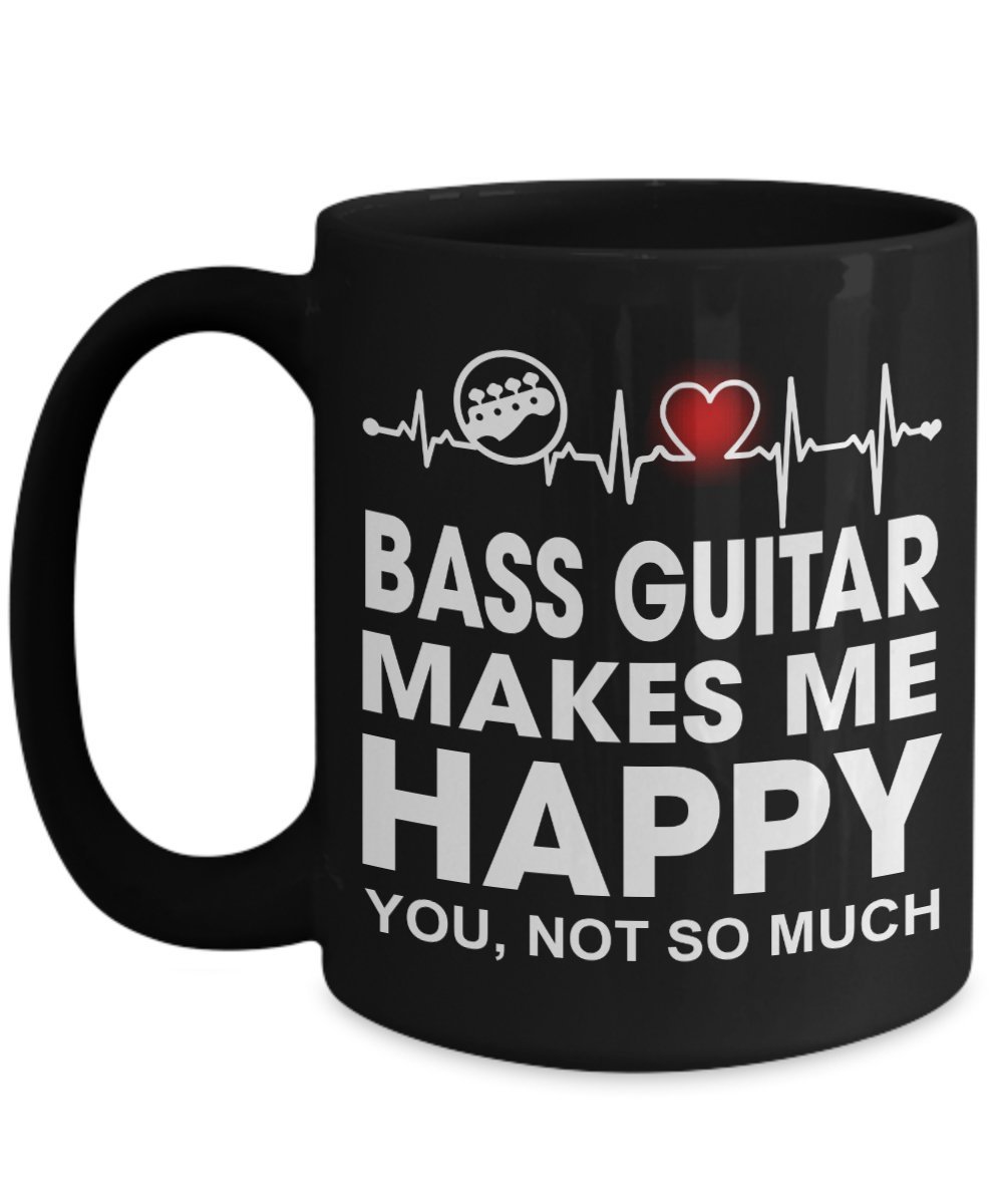 VIGAT Music Instrument Player Gifts - Heartbeat Bass Guitar Makes Me Happy Black Coffee Mug - 11-oz 15-oz Large Ceramic Black Novelty Cozy C-Shape Handle - Marching Band Tea Cup