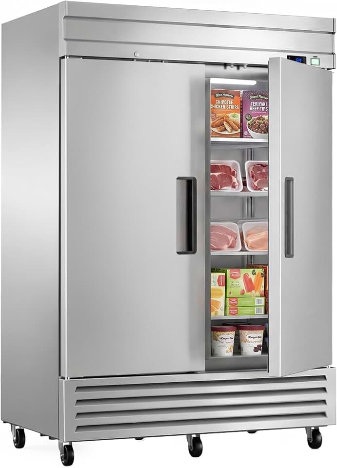 54"W Commercial Freezer, 42 Cu. Ft Reach-In Freezer with 2 Solid Doors Global Recycled Standard