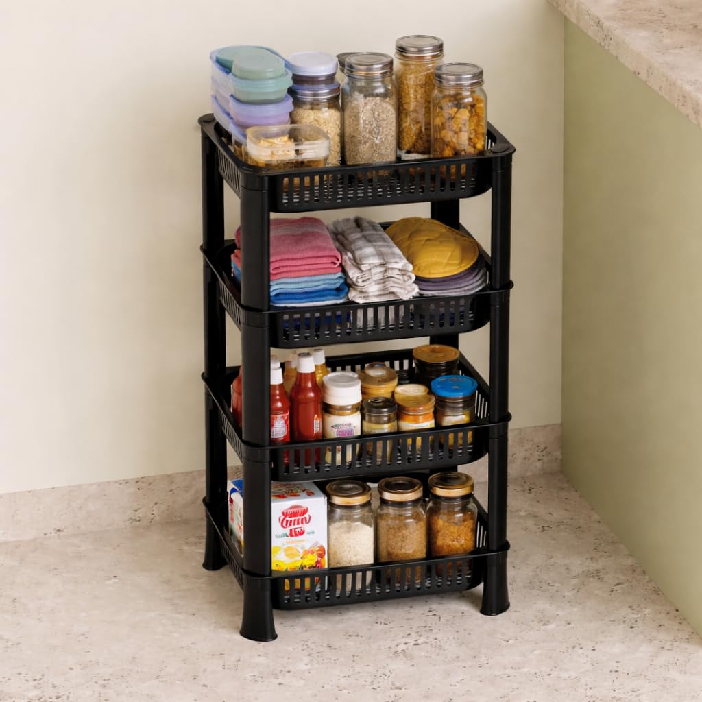 Plastic Multipurpose Kitchen Storage Rack Basket & Organizer – Stackable Shelves for Onion, Potato, Vegetables, Fruits, Grocery & Household Items (4 Layer, Black)