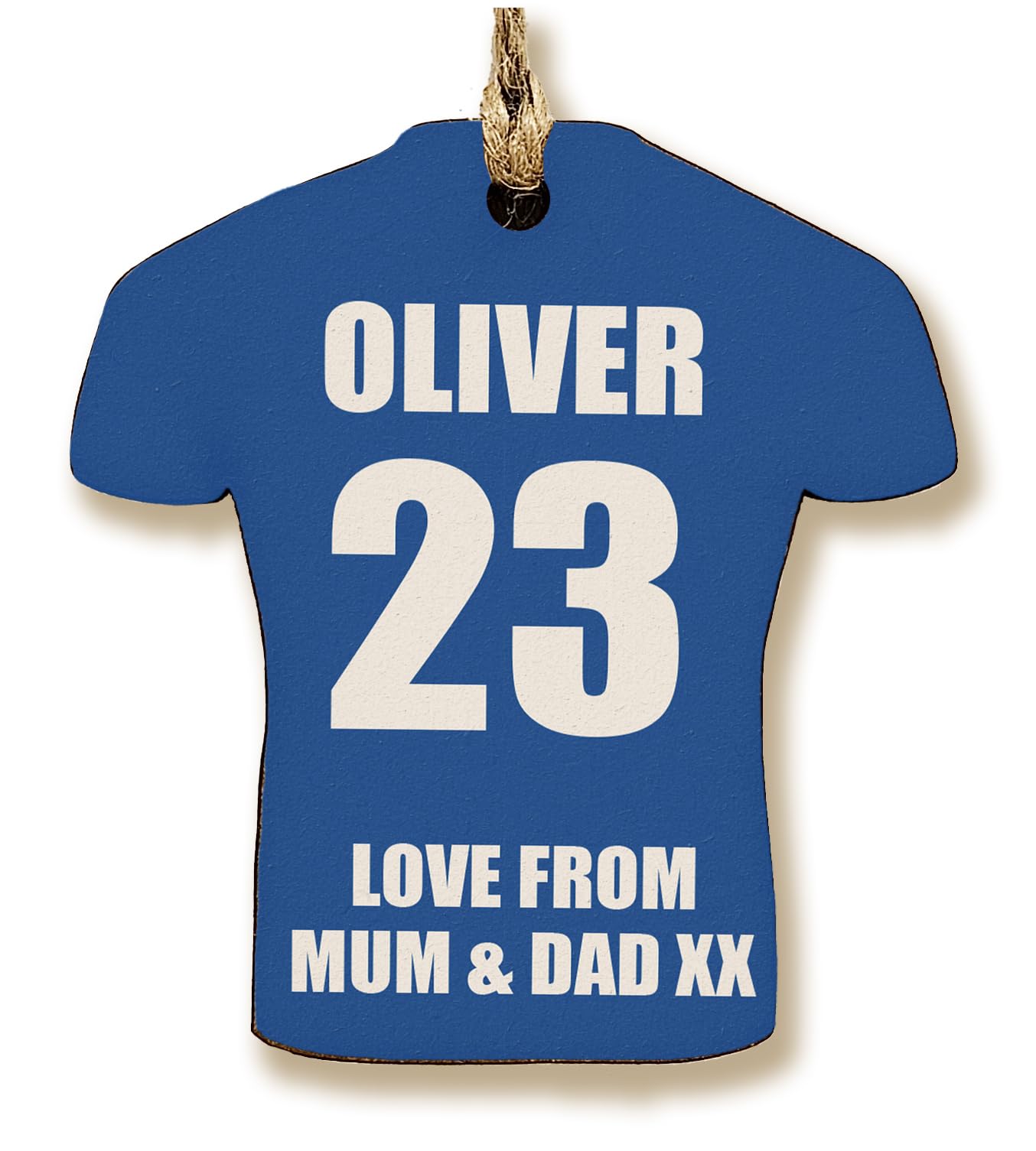 The Plum Penguin Customisable Football Shirt-Shaped Gift Tag Personalised MDF Dad Grandad Keepsake Name and Number Team Colours Footy Fan (Blue)