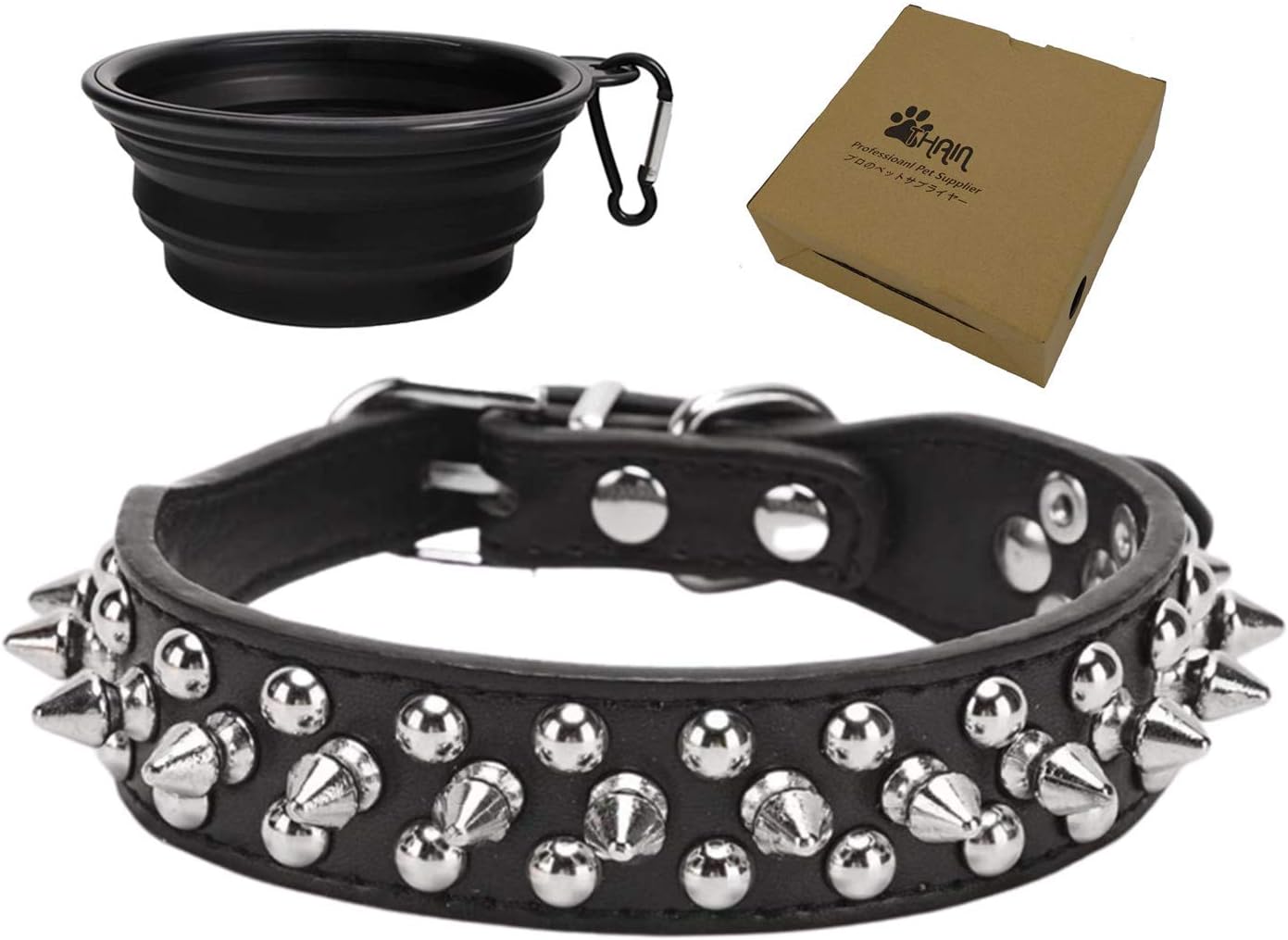 THAIN Mushrooms Spiked Rivet Studded Dog Collars Adjustable PU Leather with a Travel Bowl Gift for Puppy Small Medium Large Pets Like…