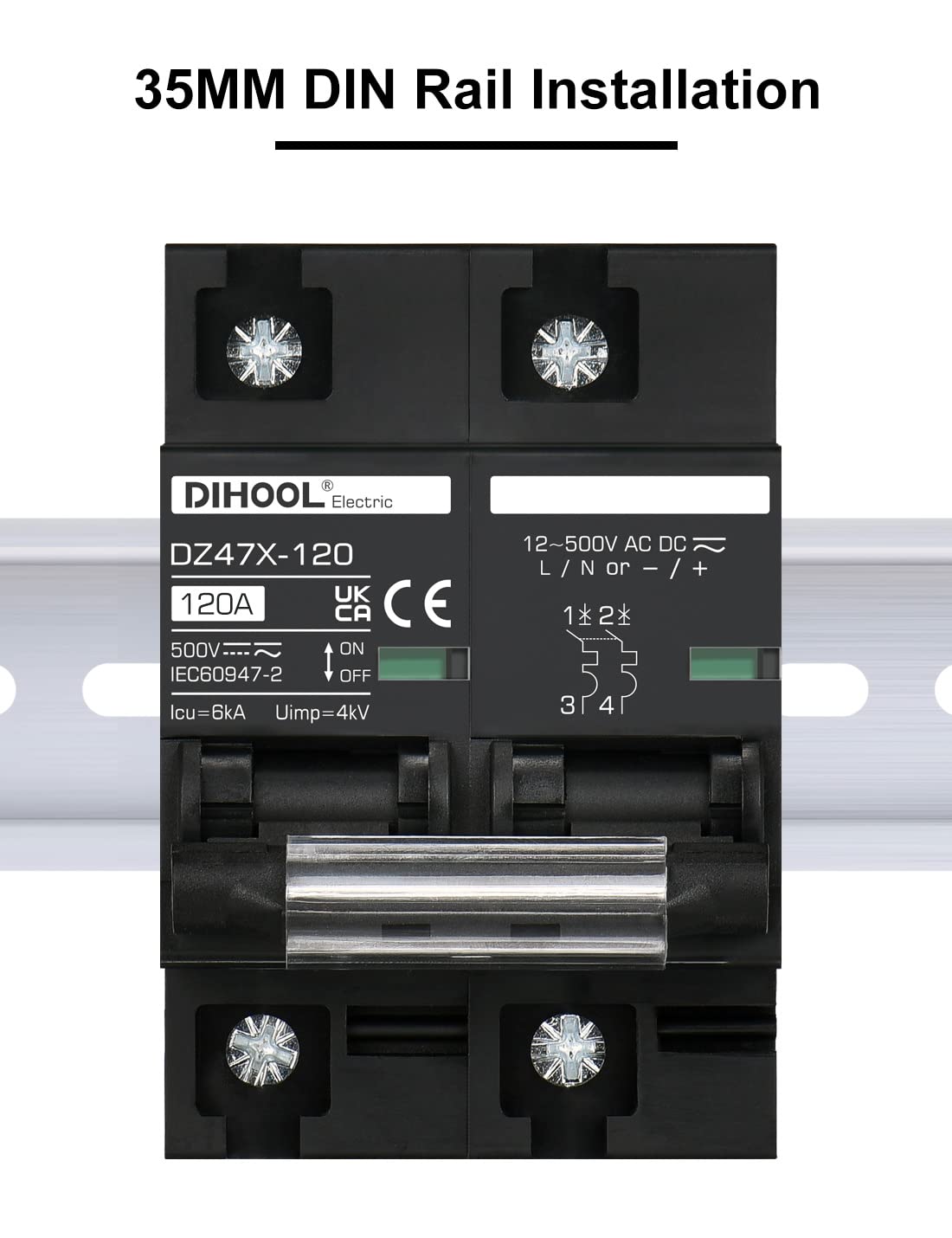 DIHOOL Wyłącznik DC 12V 24V Solar PV Bezpiecznik fotowoltaiczny automatyczny (DC500V,2 Pole 125A)