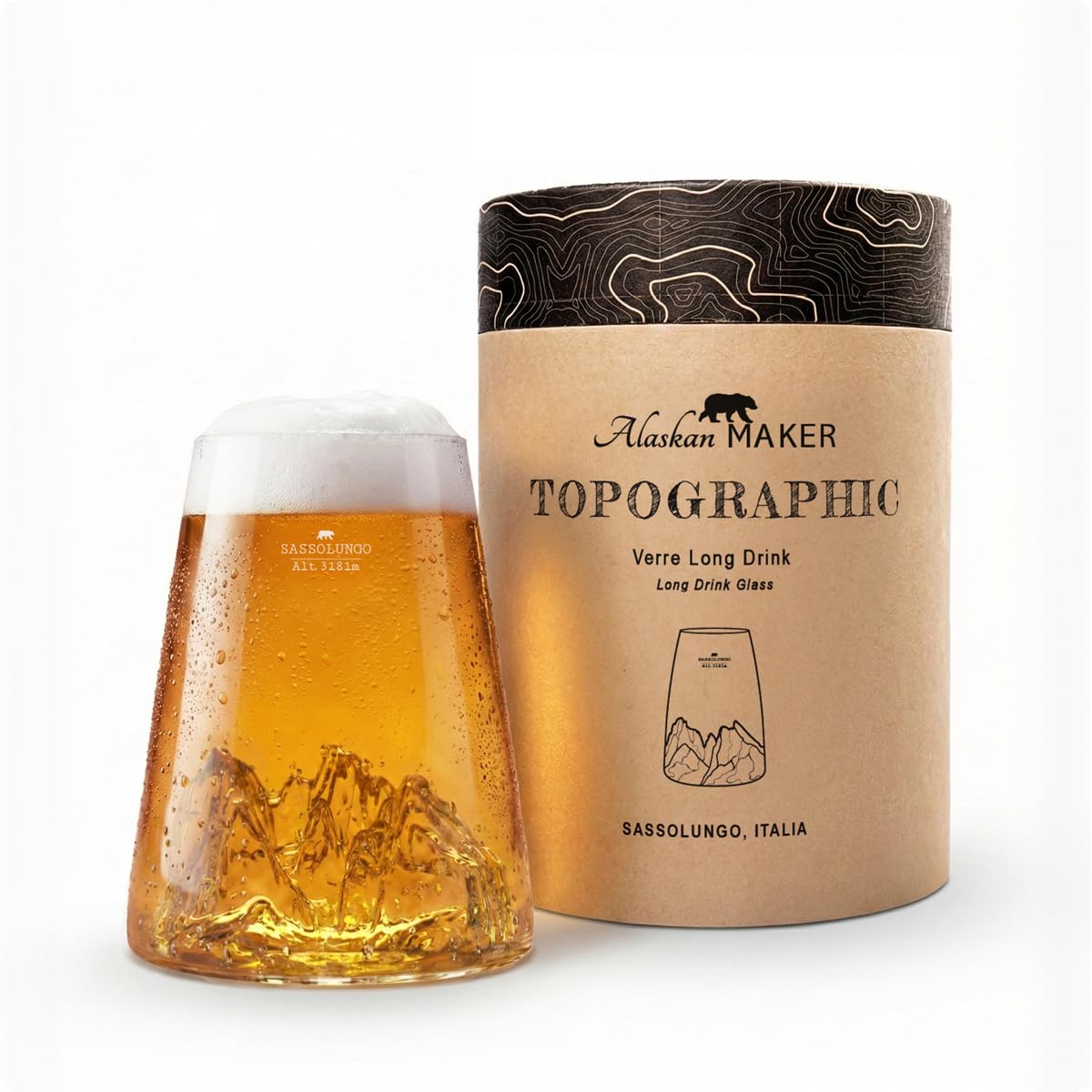 Alaskan MAKER Long glass 450 ml - High quality Borosilicate hand-blown with raised mountains | Cocktail, beer or soft TOPOGRAPHIC (Sassolungo)