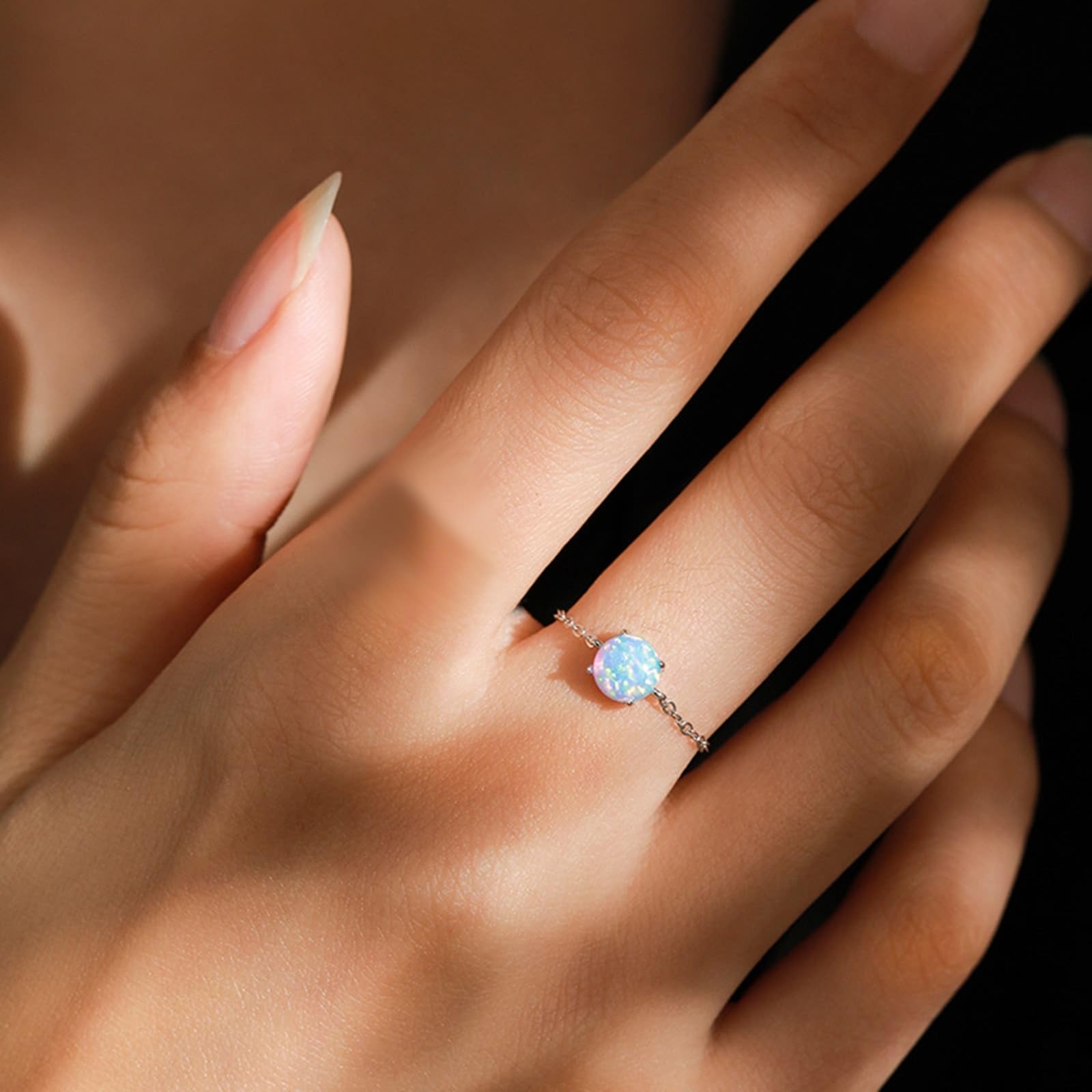 KnSam Anillo de boda de oro blanco de 9 K/14 K/18 K, cadena ajustable, anillo de compromiso con ópalo azul, anillos de pareja Au 375/585/750, oro blanco, talla 47-65