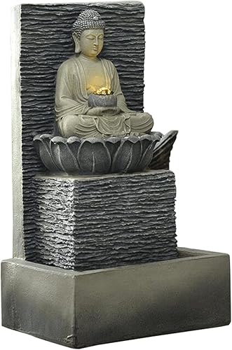 Moisture Fuente de agua para interiores, fuente de agua de mesa, fuente de agua de mesa de Buda, fuente de agua Zen con luz LED, para patio, jardín,