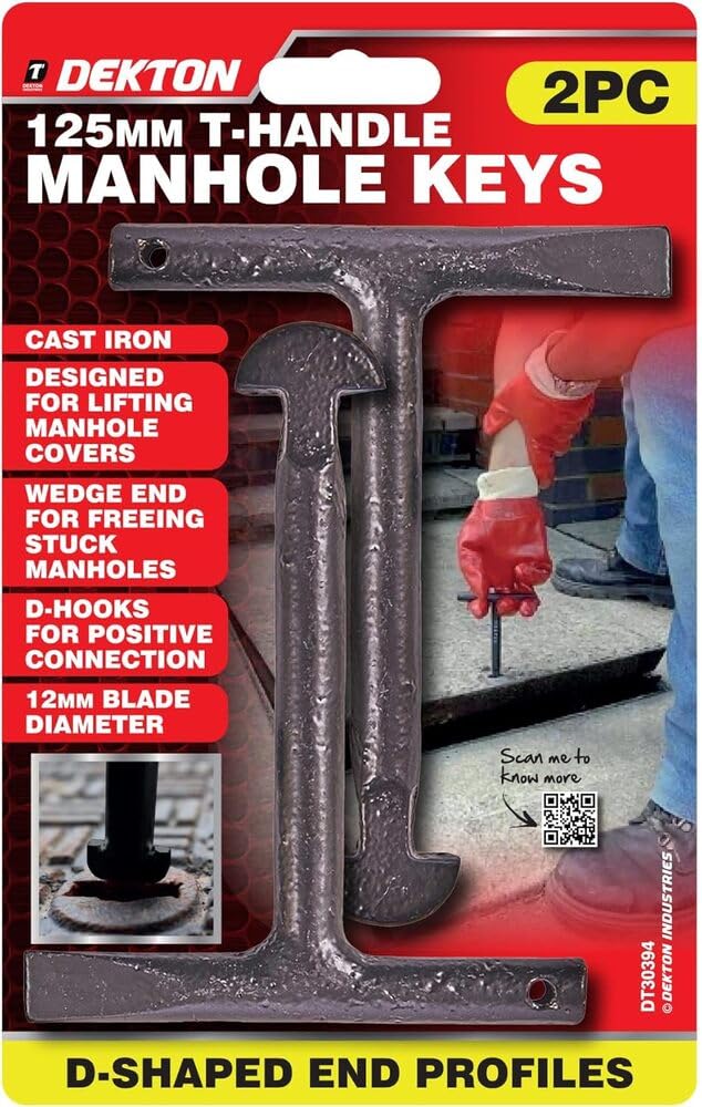 Dekton Set di 2 chiavi per pozzetto con manico a T, copertura in acciaio resistente, maniglia a T, ideale per sollevare scarichi, fognature, coperture di accesso, resistenti alla ruggine, durevoli per